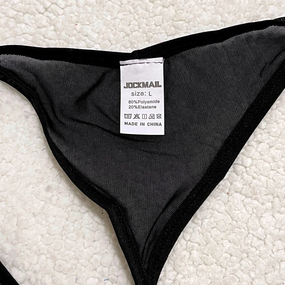 Jockmail Large (30-32) Fishnet‎ Thong Black Sheer Mesh Low Rise Underwear JM220
